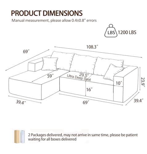 108" Cloud Couch Sectional, L-Shaped Boneless Couches for Living Room, Corduroy Modular Sectional Sofa with Deep Seats & Chaise, No-Assembly - Beige - Thumbnail 2