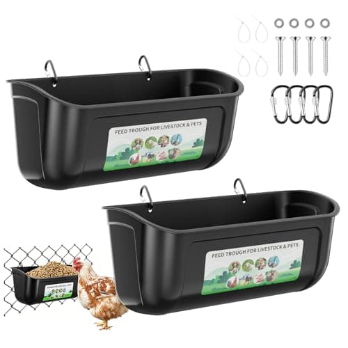 AOTECC 2 Pack Chicken Feeder Waterer, Hanging Fence Feed Trough for Livestock Poultry, 2.7 Quarts Plastic Feeder Trough Bucket for Goat Sheep Deer Poultry Duck Gooses