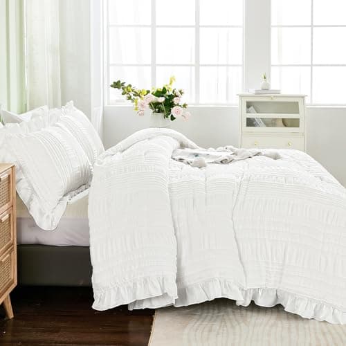WONGS BEDDING White Queen Comforter Set,Boho Ruffle Comforter for Queen Bed,Soft Seersucker Shabby Chic Bedding Set with 1 Comforter,2 Tufted Pillowcases 90"×90" - Thumbnail 3
