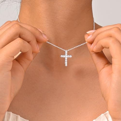 Juvux Cross Necklaces for Women 925 Sterling Silver 18K Gold Plated Cubic Zirconia Cross Pendant Necklace Simple Jesus Cross Necklace Cute Simulated Diamond Jewelry Minimalist Easter Gift (Silver) - Thumbnail 6