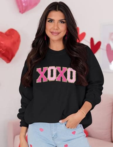 LETSEE Valentines Sweatshirt for Women Glitter Patch Valentine Letter Pullover Tops Chenille Patch Oversized Clothes(Black, Large) - Thumbnail 3