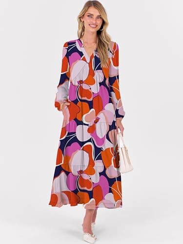 ANRABESS Womens Long Sleeve Boho Maxi Dress 2026 Fall V Neck Floral Striped Casual Loose Fit Beach Vacation Dresses Print Floral Butterfly Small - Thumbnail 2