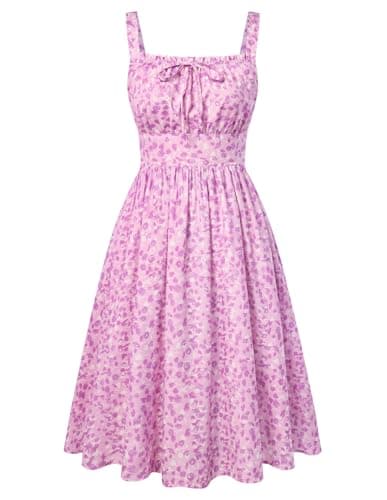 Belle Poque 2026 Summer Purple Floral Dress for Women Midi A Line Sundress Cute Milkmaid Dress with Pockets L - Image 1