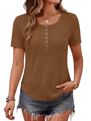 Bellcoco Women's Waffle Knit Tops Short Sleeve Button Henley Shirts Business Casual Blouses Lightweight Summer Top 2026 Brown XL - Image 1