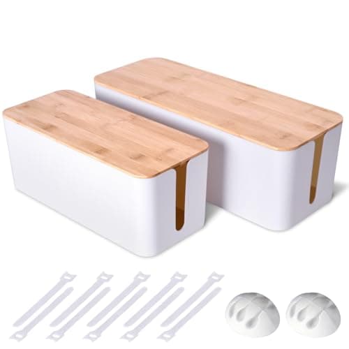 2 Pack Large Cable Management Box – Wooden Style Cord Organizer and Cover for TV Wires, Computer, Router, USB Hub and Under Desk Power Strip – Safe ABS Material and Baby-Pets Proof Lock (White) - Image 1