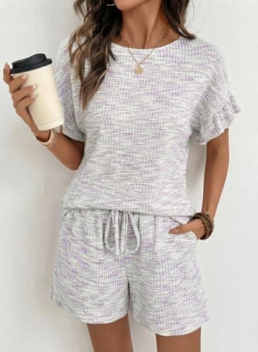 Dokotoo Womens Short Sleeve Shorts Set Soft Viscose 2 Piece Lounge Sets Casual Summer Outfits with Drawstring Waist and Side Pockets White Purple Medium - Thumbnail 2