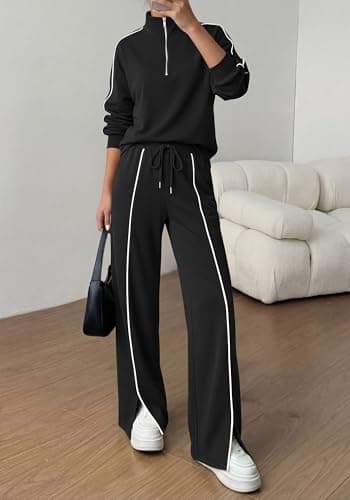 BTFBM Two Piece Sets for Women Fall Fashion 2026 Long Sleeve Half Zip Lounge Set Wide Leg Pants Vacation Airport Outfits (Black,Small) - Thumbnail 2