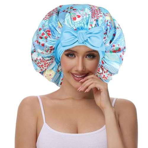 Vettres Hair Bonnet for Sleeping Satin Lined Sleep Cap Double Layer Silk Head Wrap for Curly Natural Hair Strawberries Blue Plaid - Thumbnail 2