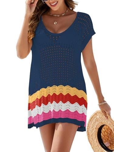 VIAURBE Women's Crochet Cover Ups Swimwear Beach Bikini Swimsuit Cover-ups Striped Side Split Mini Dress Dark Blue S - Image 1