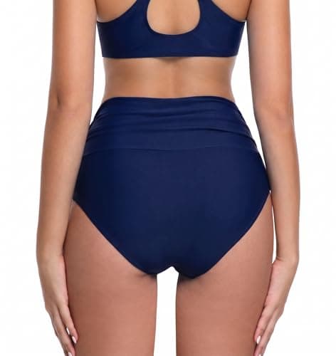COCOPEAR V-Cross High Waisted Bikini Bottoms Tummy Control Full Coverage Bikini Bottoms for Women Navy Blue 3XL - Thumbnail 4