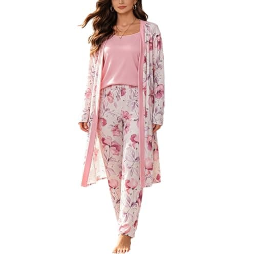 Eternatastic Women's 3 Piece Knit Lounge Set Pajama Long Sleeve Cardigan Sleeveless Top Pants Pjs Sets S Pink Floral