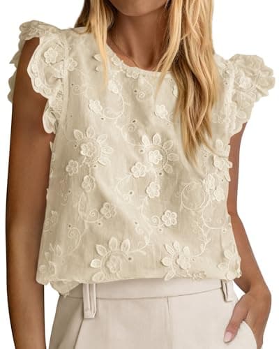 KIRUNDO Blouses for Women Dressy Casual Lace Ruffle Cap Sleeve Tops 2026 Summer Eyelet Floral Embroidered Cute Boho Shirts(Beige, X-Large) - Image 1