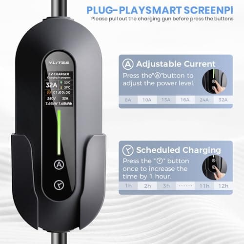 YLITES 32A Level 2 Portable EV Charger, 7.68kW 240V Fast Charging, 25ft Cable, Level 1 & 2 Support, Adjustable Current & Timer, NEMA 14-50 + 5-15 Adapter, J1772 to Tesla Adapter Included - Thumbnail 2