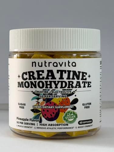 Nutravita Creatine Monohydrate Chews (5g) – Pre-Workout Energy & Muscle Growth Support for Men & Women | Pineapple Electrolyte Gummies (60 Count) - Image 1