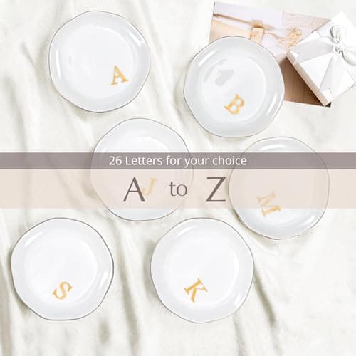 ProCase Ceramic Jewelry Tray, Initial Ring Dish Trinket Plate Engagement Gift, Small Personalized Monogram Ring Bowl for Wedding, White Decorative Jewelry Holder for Women Vanity -Letter M - Thumbnail 6