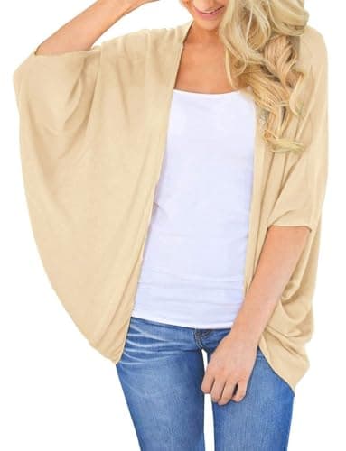 BB&KK Lightweight Cotton Fall Kimono Cardigans for Women Tops Solid Colors Boho 3/4 Batwing Khaki Large - Thumbnail 3