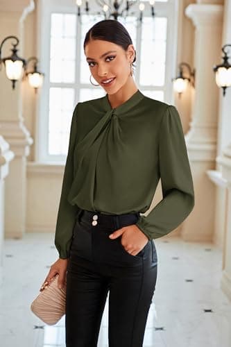 GRACE KARIN Womens Satin Blouses for Women Long Sleeve Shirts Mock Neck Blouses Spring Casual Tops Olive Green S - Thumbnail 3