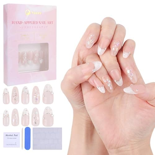 Yacey Handmade Press on Nails Short Almond, Reusable False Nails Press Ons, Shell Texture French Tip Thick Acrylic Fake Nails, 3D Artificial Bling Glossy Glue on Nails for Women Girls (10 Pcs, L) - Image 1