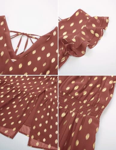 GRACE KARIN 2026 Womens Summer Dresses V Neck Ruffle Sleeve Floral Boho Beach A-Line Dress Light Brick Red-Gold Dots Small - Thumbnail 6