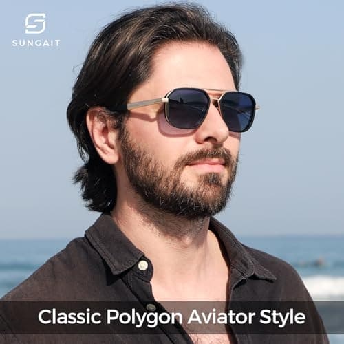 SUNGAIT Polygon Aviator Sunglasses Men Old School Style Adjustable Anti-slip Temples Polarized Lens for Driving Fishing (Matte Black & Gold Frame/Blue Gradient Lens) - Thumbnail 2