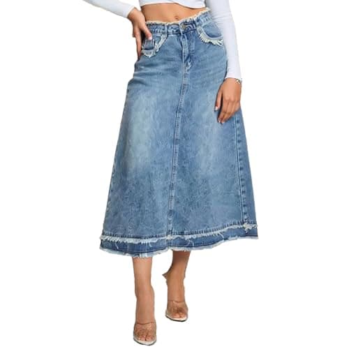 materasu Women's Denim Maxi Skirt with Pockets Casual A-Line Long Jean Skirt - Image 1