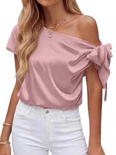 BTFBM Off The Shoulder Tops for Women Summer 2026 Short Sleeve Satin Blouse Shirts Silk Y2K Going Out Top Beach Vacation(Pink, Medium) - Thumbnail 2