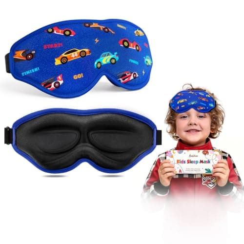 BeeVines Kids 3D Contoured Sleep Mask, 100% Blackout Sleeping Eye Masks for Boys, Pressure-Free Memory Foam Cushioned Eye Cover, Adjustable Strap, for Travel Gifts (Racing Car)