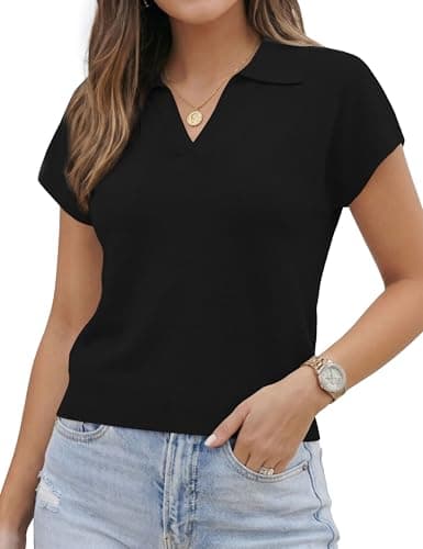 LaGracia Womens Cropped Sweaters Short Sleeve Collared Polo Sweater Business Casual Cashmere Lightweight Crop Tops Spring Summer Outfits Black M - Image 1