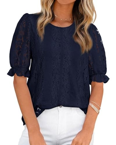 KIRUNDO Lace Tops for Women 2026 Dressy Floral Summer Shirts Puff Short Sleeve Spring Blouse Casual Cruise Vacation Outfits(Navy, Medium) - Image 1