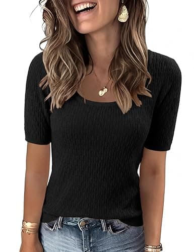 Totatuit Women's Square Neck Short Sleeve Sweaters 2026 Summer Fall Trendy Slim Fit Knitted Tops Textured Pullover Blouse for Work Casual Essential Fall Layering Black Large - Image 1