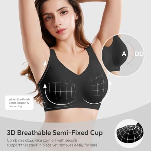 UIMERO Wireless Bras for Women No Underwire Supportive Jelly Bras Comfort Full Coverage Everyday Seamless T-Shirt Sports Bras Black - Thumbnail 3