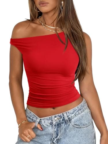 ATHMILE Womens Off The Shoulder Tops Summer Sleeveless Shirts Going Out Crop Tank Top Y2K T Corset Tube Fashion Outfits 2026 Red