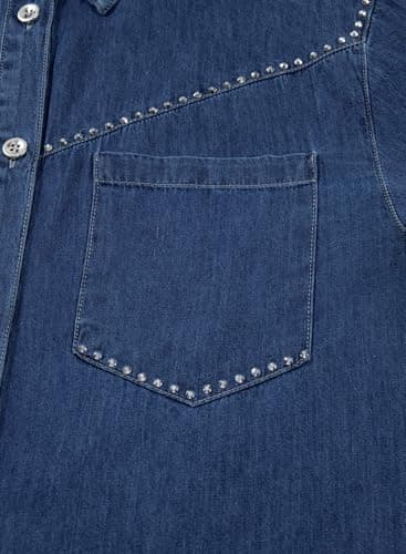 Dokotoo Long Sleeve Shirts for Women Casual V Neck Button Down Denim Tops Cowgirl Outfits Classic Collared Chambray Jean Western Shirt Rhinestone Top Cowboy Shirts Jean Blouses for Women Navy Blue M - Thumbnail 5