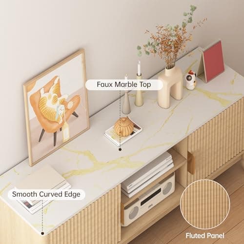 GlouMod TV Stand for TV up to 65 Inches, 55" Entertainment Center with Storage Cabinets and Marble White Top, Fluted Panels, Mid Century Modern Media Console Table for Living Room, Light Wood - Thumbnail 4