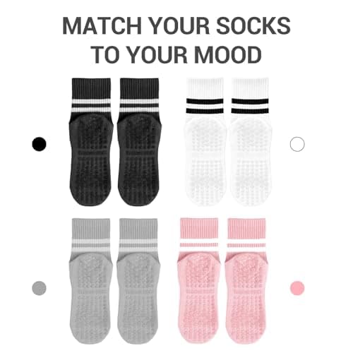 4 Pack Pilates Crew Grip Socks for Women Non Slip Sticky Grippers Yoga Barre Slipper for Hospital Maternity Elderly Home Floor Reformer Ballet Dance Studio Athletic Thick Cotton - Thumbnail 6
