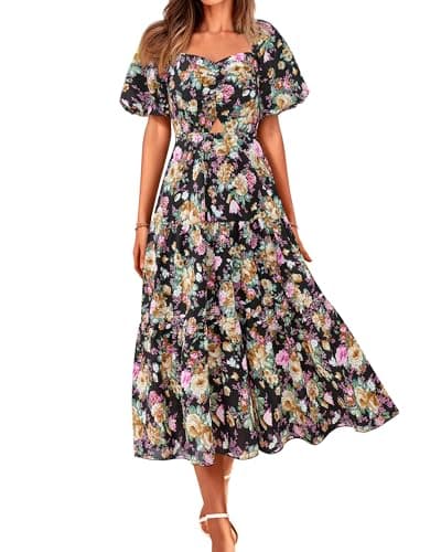 BTFBM Summer Dresses for Women 2026 Spring Outfits Beach Vacation Short Sleeve Smocked Boho Casual Floral Maxi Dress(Floral Black Yellow, Medium) - Image 1