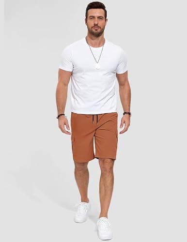 AUSELILY MEN Mens Cargo Shorts Drawstring 9 inch Casual Outdoor Work Relaxed Fit Elastic Waistband Summer Stretch Waist Baggy Big and Tall with Pockets Orange 5XL - Thumbnail 3
