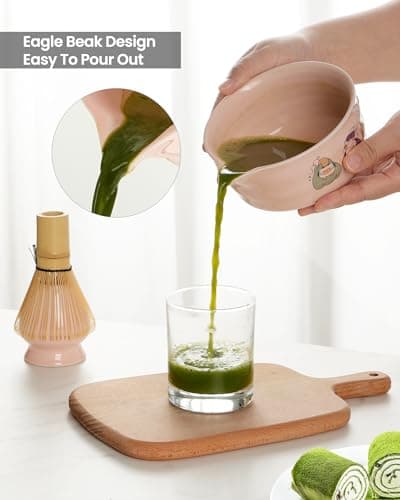 Matcha Whisk Tea Set Kit Japanese Matcha Kit - Matcha Bowl, Matcha Whisk and Holder, Bamboo Scoop, Scoop Rest, Sifter and Tea Towel - for Tea Ceremony Breakfast Lattes - Home Kitchen Christmas(Pink) - Thumbnail 6