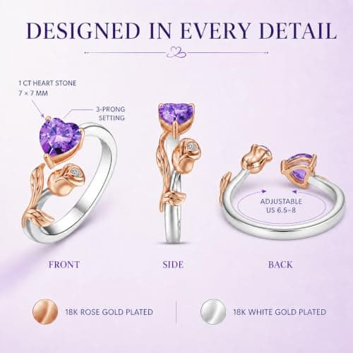 1CT Rose Heart Adjustable Ring 6.5~8 Ring Moissanite/Lab Created Ruby/Emerald And More VVS1 D Clarity 18K White/Rose Gold Gift for Wife Mother Daughter Birthday Wedding Engagement Christmas Anniversary Mothers Day Gift for Mom Bride (02/06-Feb/Jun Amethyst) - Thumbnail 5