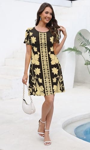 COSSEN Women's Summer 2026 Casual Tshirt Dress Black Boho Printed XX-Large Crew Neck Short Sleeve with Pockets Flowy Loose Swing A-Line Sundress - Thumbnail 6