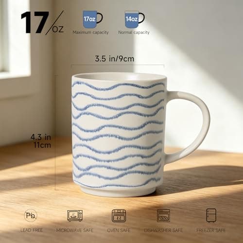 ALOFMO Ceramic Mugs Set of 6, 17oz Coffee Mugs with Handpainted Blue Stripe Pattern, Modern Stackable Coffee Cups, Dishwasher and Microwave Safe Mugs for Coffee, Tea, Milk - Thumbnail 2