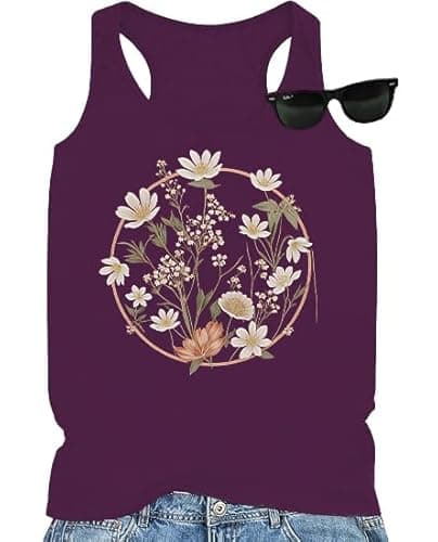Graphic Tank Tops for Women Floral Print Loose Fit Tanks Vest Vacation Racerback Casual Book Lover Vintage Tee Top Purple S - Image 1