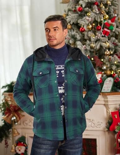 COOFANDY Flannel Jackets for Men Lined Quilted Plaid Shirt Jacket Cotton Hoodie Warm Shacket Winter Coat XXL 2XL - Thumbnail 3