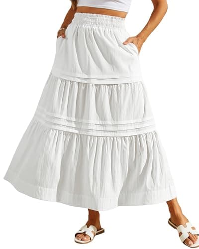 Bsubseach Maxi Skirts for Women Boho Elastic High Waist Flowy Tiered A-Line Long Skirt with Pockets White XL - Image 1