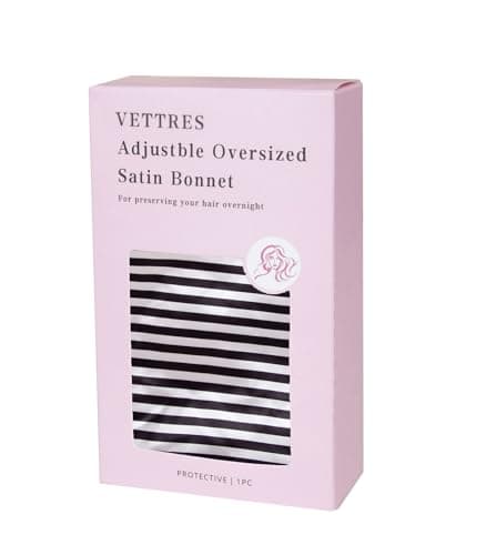 Vettres Floral Satin Bonnet For Sleeping Women Double Layer Pleated Design Adjustable Shower Cap For Curly Hair Black White Stripes - Thumbnail 5