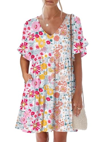ANRABESS Dresses for Women Summer 2026 V Neck Ruffle Sleeve A Line Tiered Flowy Casual Trendy Mini Beach Dress with Pockets Floral Print Medium - Image 1