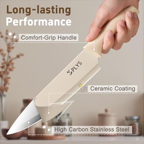 Plys Knife Set for Kitchen with Covers 14-Piece: Colorful Ceramic Coating Stainless Steel Chef Knives set for Cooking, Cutting&Chopping, Sharp Blades, Rustproof, Dishwasher Safe - Thumbnail 4