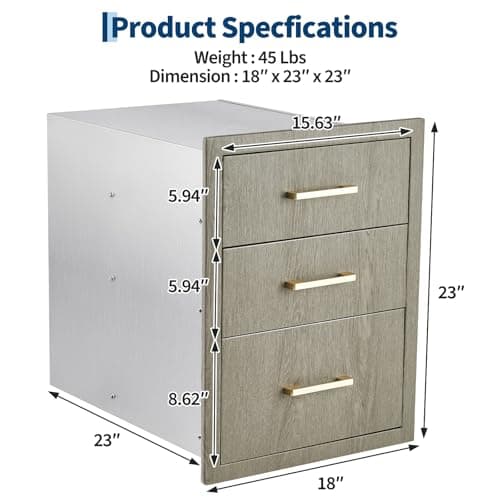 Garvee 18" W x 23" D x 23" H Stainless Steel Outdoor Kitchen Triple Drawers - Heavy Duty with Handles, Weather-Resistant Flush Mount for BBQ Island, Patio Grill & Outdoor Cooking Space - Thumbnail 3