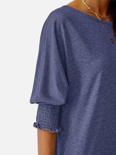 NORACORA Blouses for Women Dressy Casual 3/4 Length Sleeve Womens Tops Smocked Cuffs Trendy Summer Spring Fall Casual Shirts Navy Blue XS - Thumbnail 5