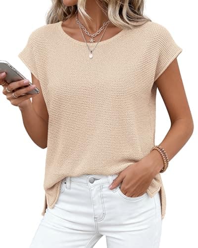BTFBM Sweater Vest Women 2026 Spring Summer Cap Sleeve Crew Neck Casual Loose Business Tops Western Vacation Outfits(Apricot, Medium) - Thumbnail 3